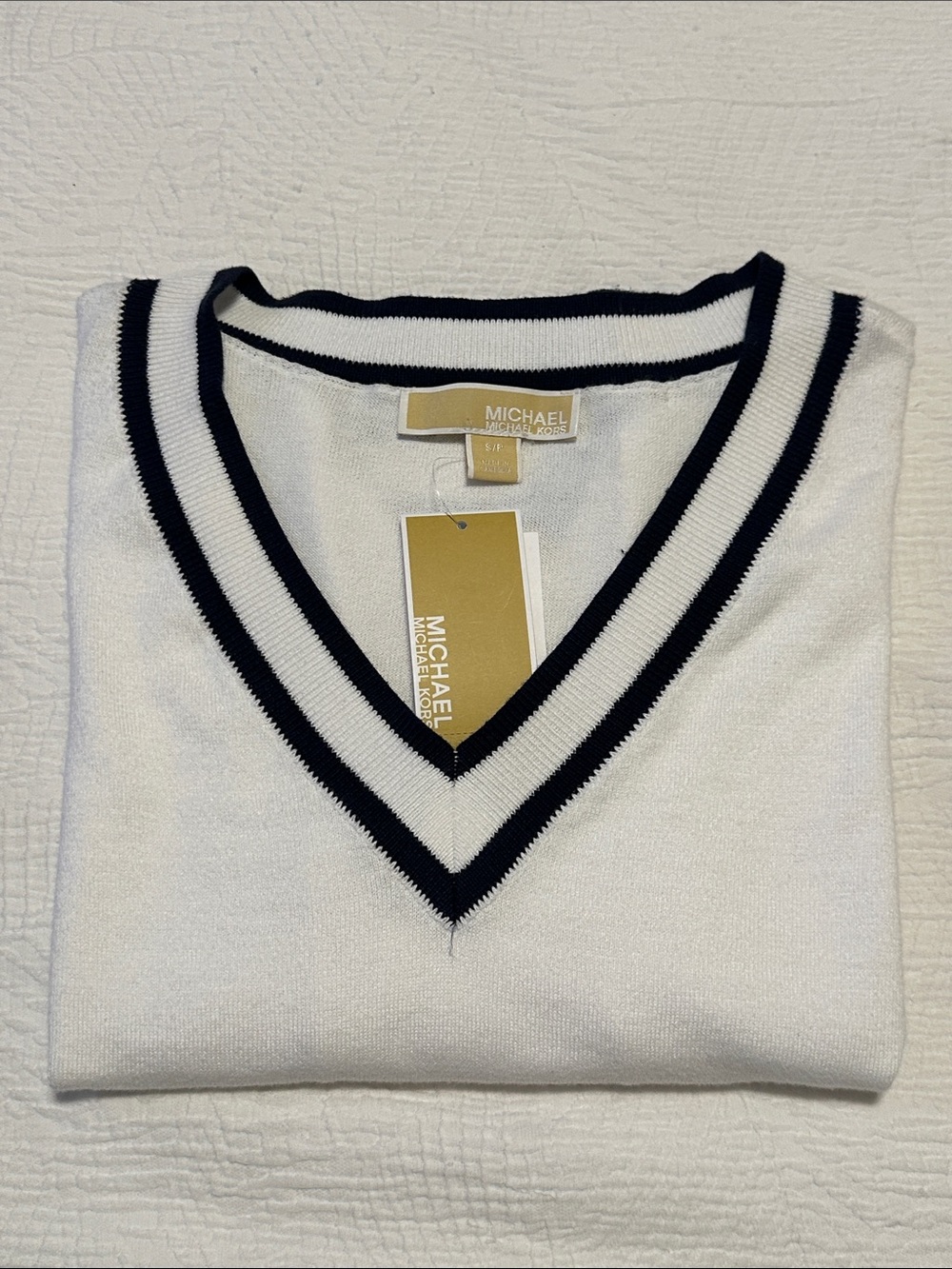 Michael Kors Small V-Neck White Sweater with Navy Stripe Trim NWT